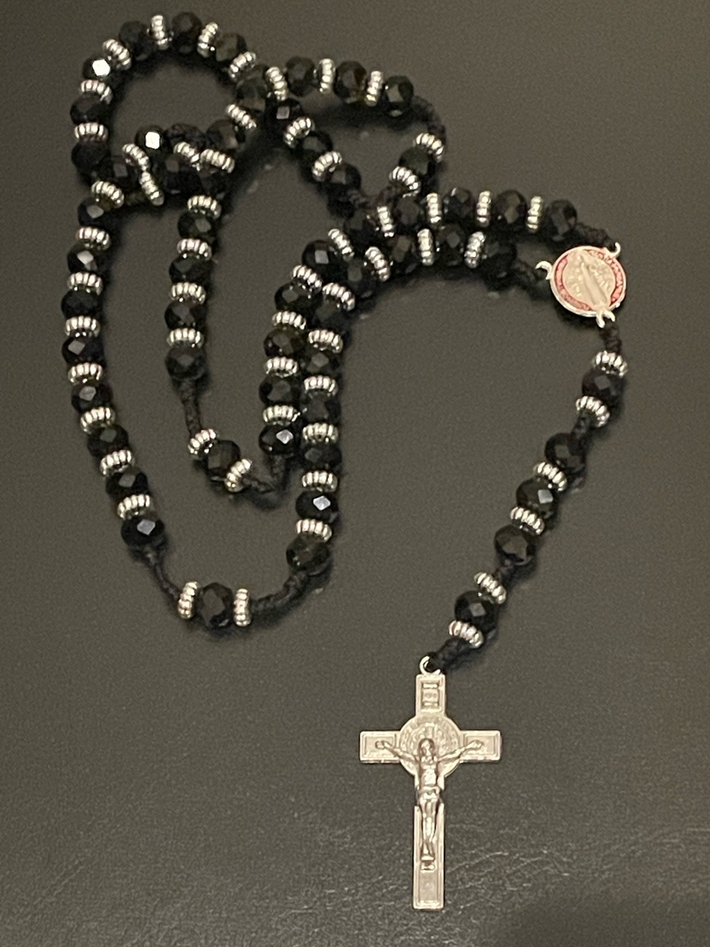 Black Crystal Beaded Rosary Necklace with Silver Crucifix